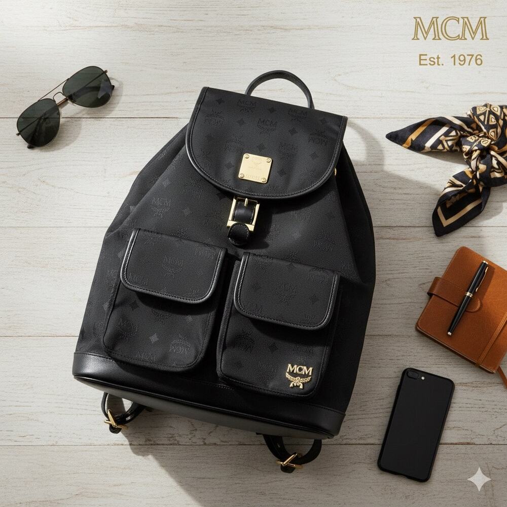 Authenticated MCM Black Double Pocket Nylon Canvas & Leather Backpack